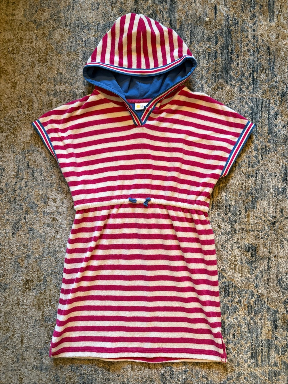 Mini Boden Girls' Hooded Swim Coverup - Pink & Cream Stripes with Blue Trim